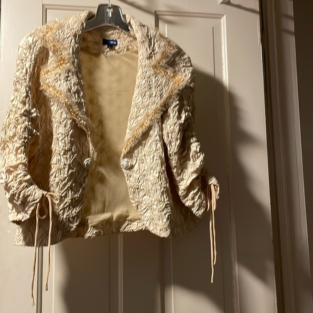 Jacket/ Ruching on sleeve mini pearls, bugle beads ,sequins on lapel rose btns